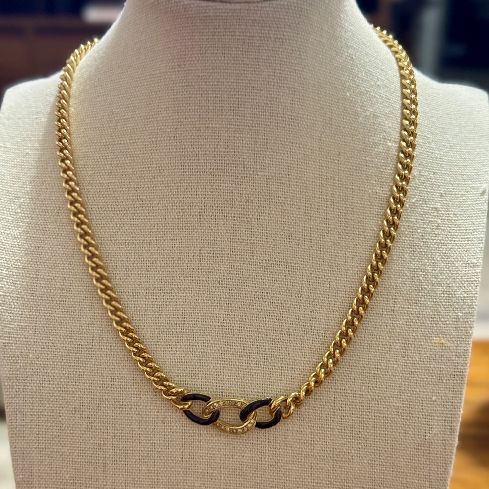 Christian Dior Vintage Gold & Crystal w/ Black Enamel Chain Necklace